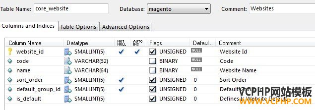 Magento core_website表结构