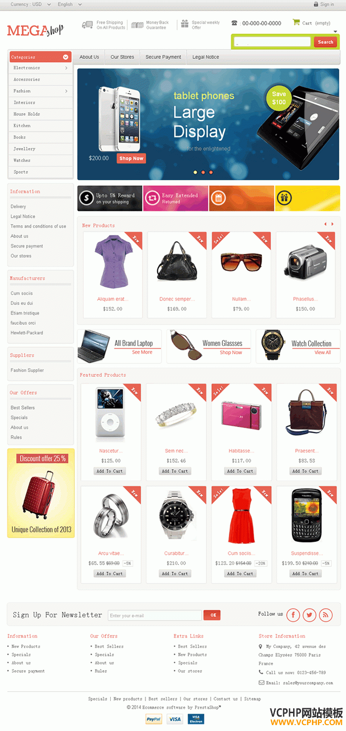Prestashop Mega Shop 服饰书籍手表综合商城主题模板