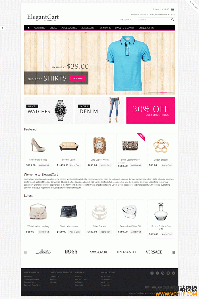 OpenCart ElegantCart 鞋服箱包珠宝主题商城模板