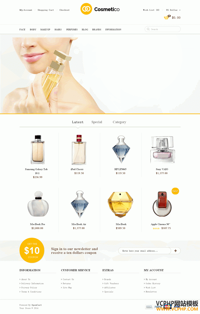 OpenCart香水时装婴幼儿电脑数码多功能 Cosmetico 商城模板