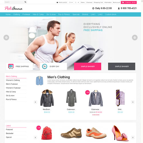 OpenCart 时装鞋子箱包运动用品Polianna商城模板